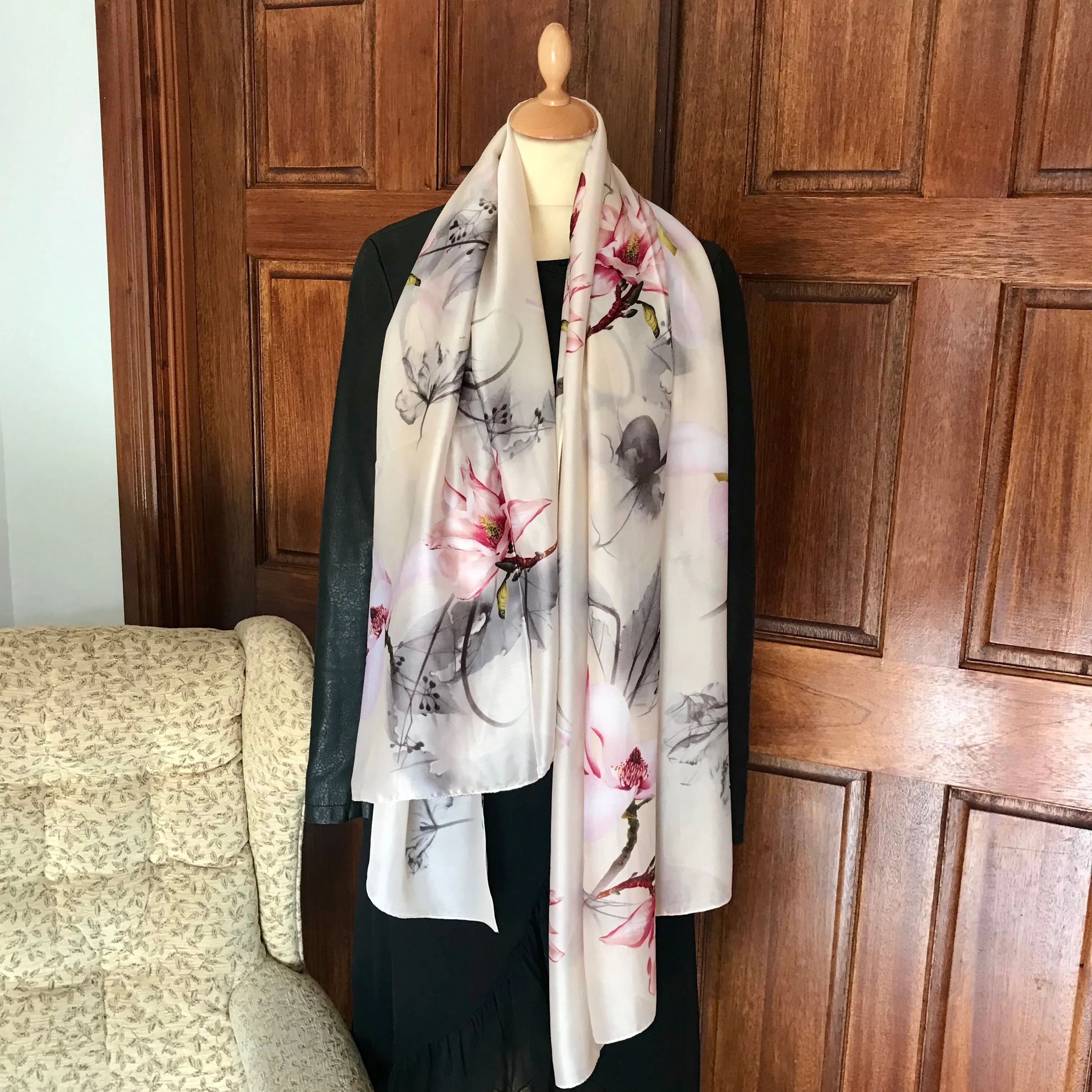 Cream Floral Print Silk Feel Scarf