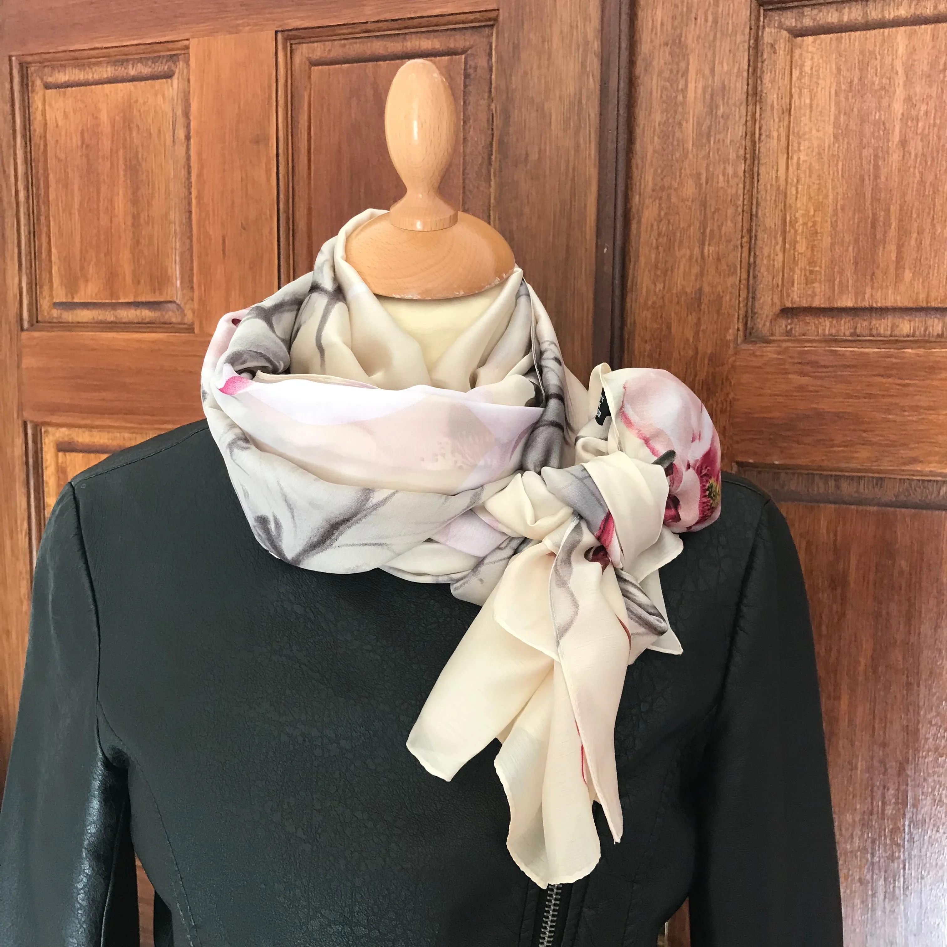 Cream Floral Print Silk Feel Scarf