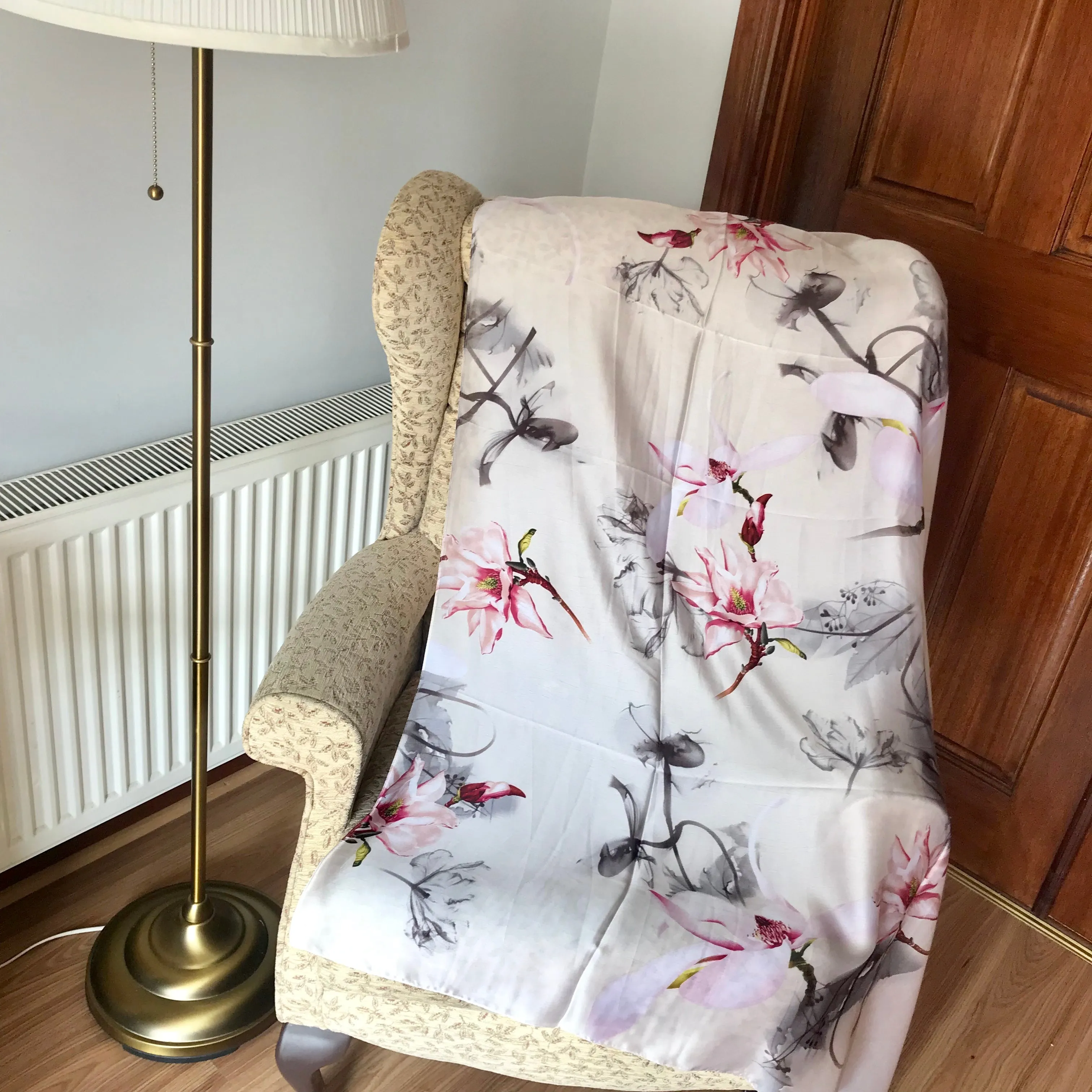 Cream Floral Print Silk Feel Scarf