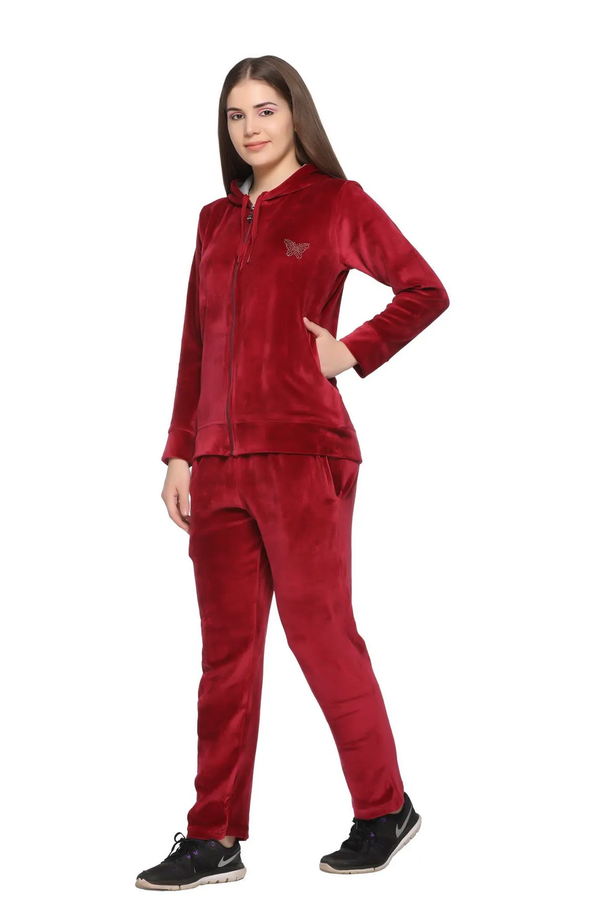 Womens Maroon Winter Velvet Cotton Tracksuit