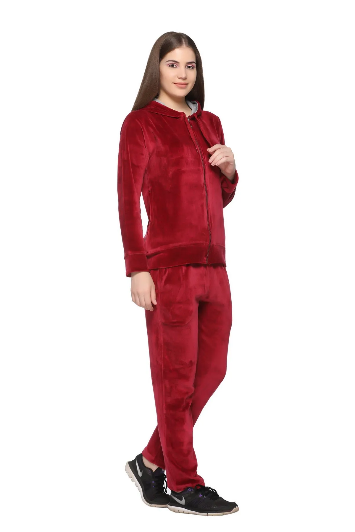 Womens Maroon Winter Velvet Cotton Tracksuit