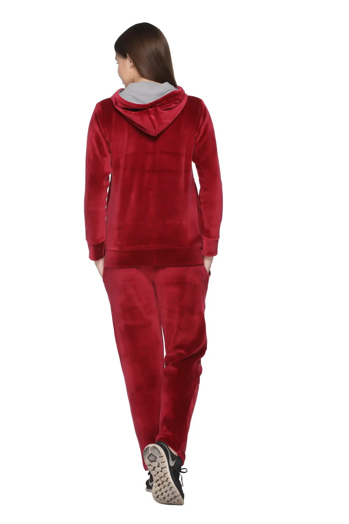 Womens Maroon Winter Velvet Cotton Tracksuit