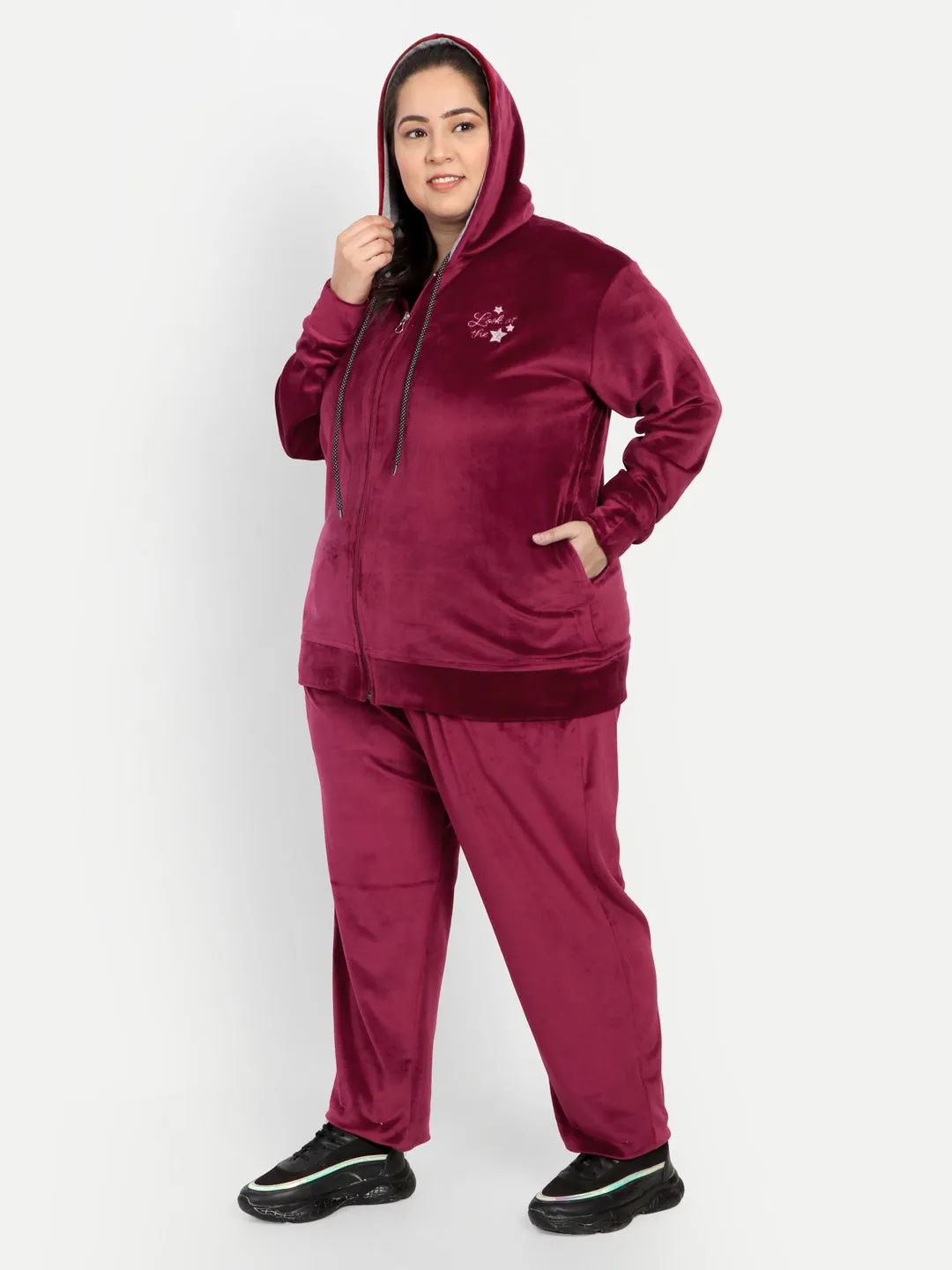 Womens Maroon Winter Velvet Cotton Tracksuit